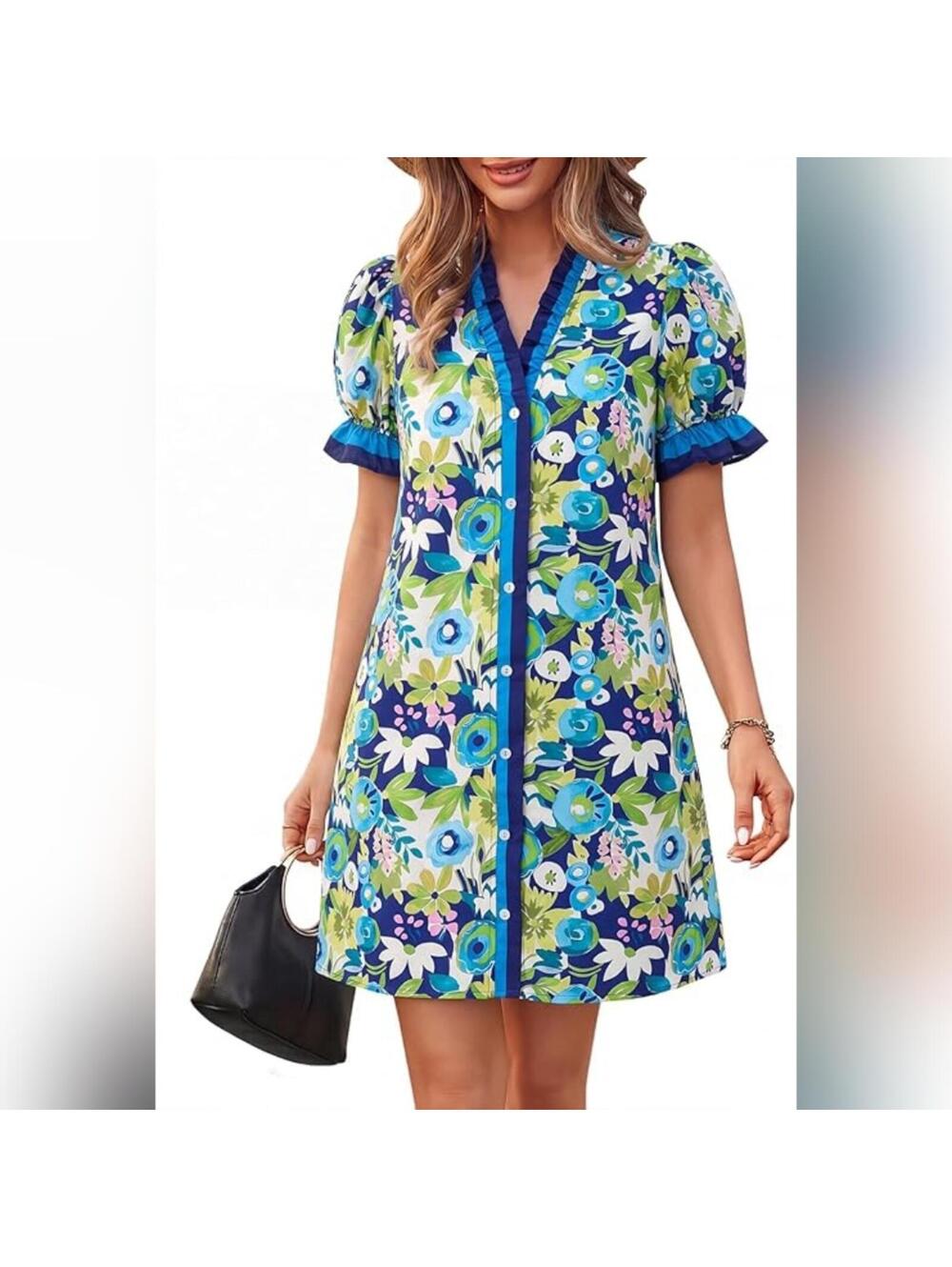 NWT Wenrine Casual Floral Puff Short Sleeve Button Down Ruffle Sleeve Dress, M